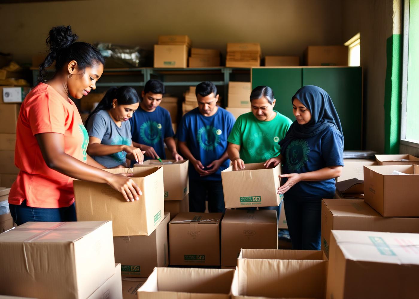 Voluntários organizando materiais em uma ONG
